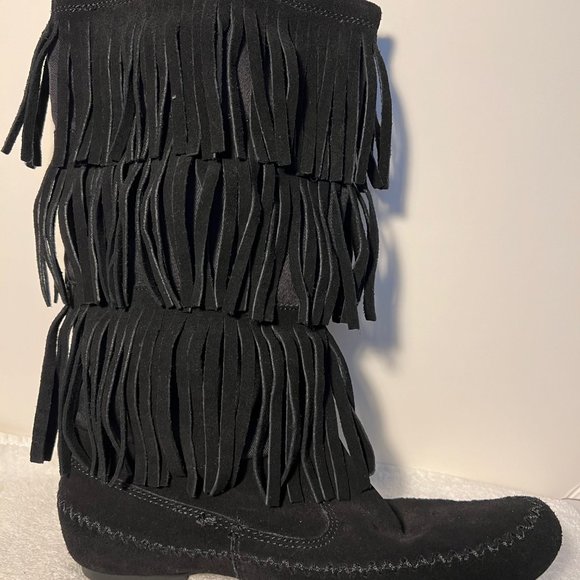 LC Lauren Conrad-Fringe Boots-Women's-3 Layers-Black Suede-Cloth under Fringe - Picture 9 of 14